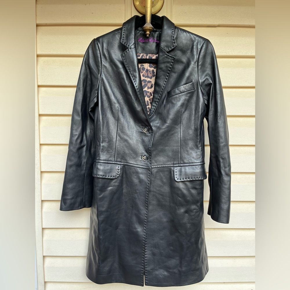 Robert Graham black 100% lamb skin leather amazing coat, animal print lining, 4